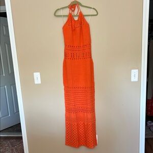Orange Halter Crochet Maxi Dress